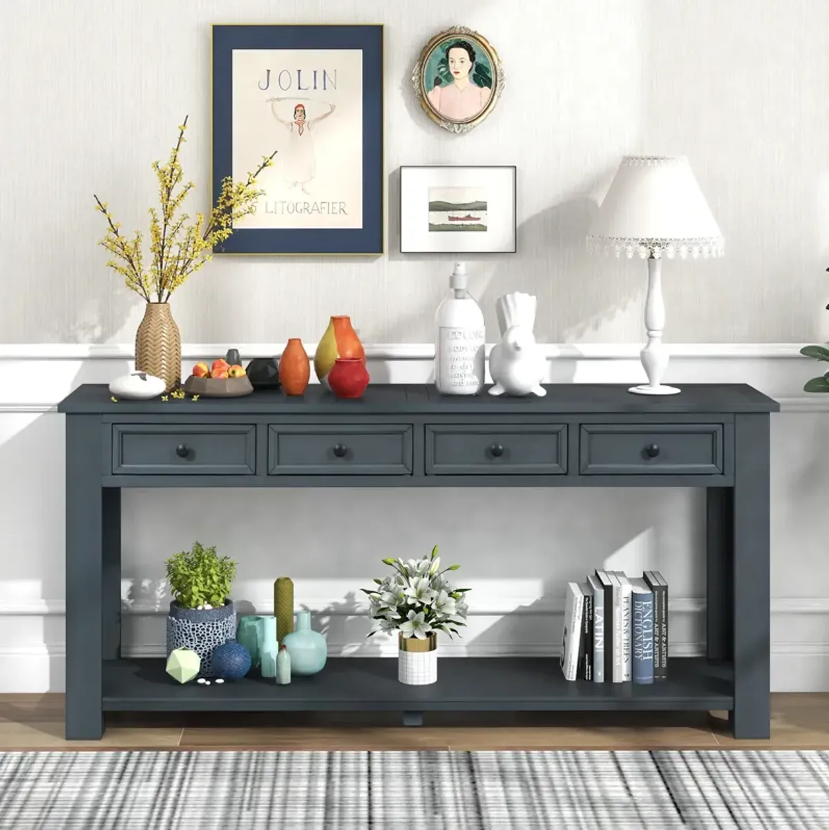 Gewnee 63" Console Table Hallway Sofa Table With Storage Drawers Bottom Shelf, Navy