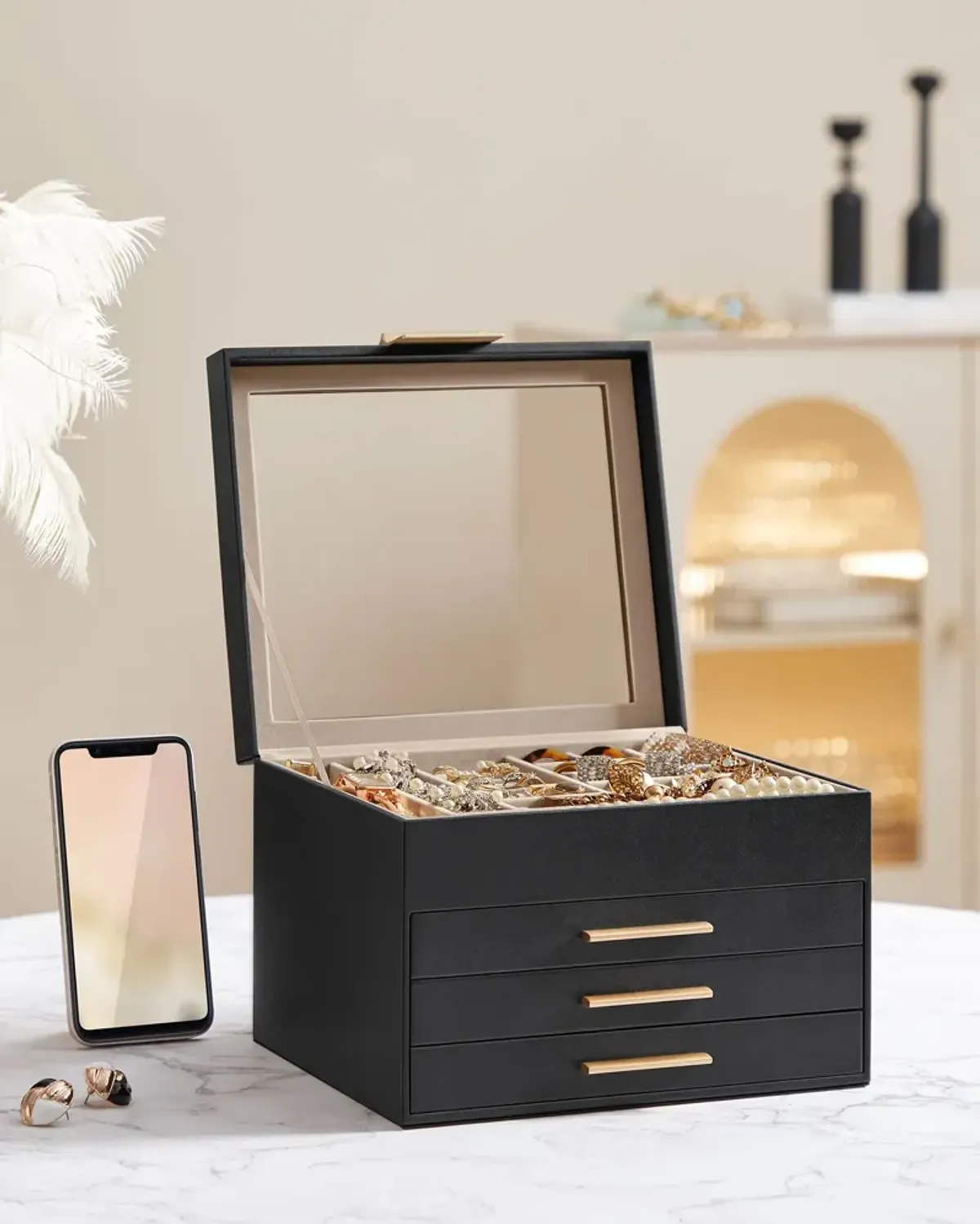 Elegant 4-Layer Jewelry Box with Glass Lid and 3 Drawers - Perfect Gift for Loved Ones