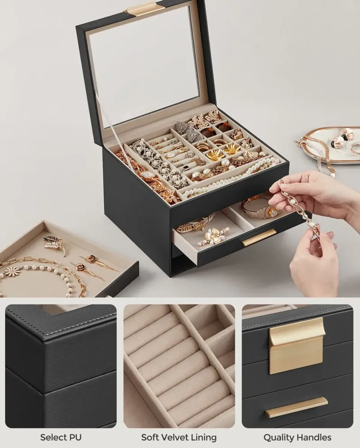 Elegant 4-Layer Jewelry Box with Glass Lid and 3 Drawers - Perfect Gift for Loved Ones