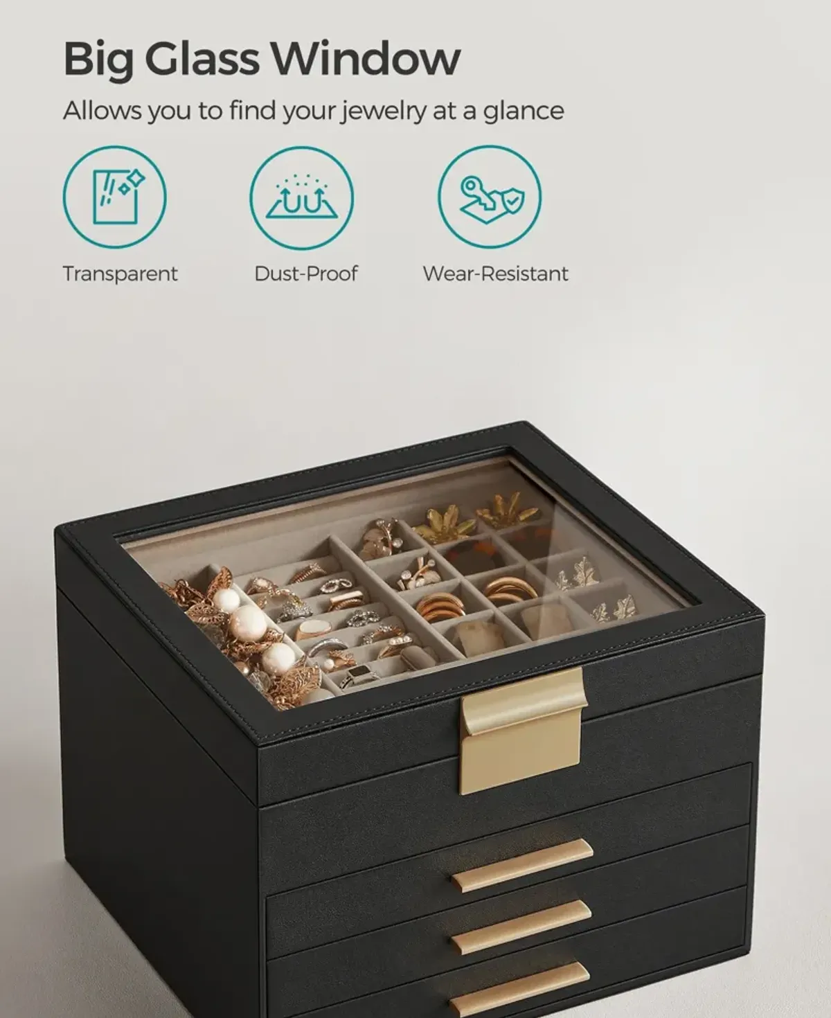 Elegant 4-Layer Jewelry Box with Glass Lid and 3 Drawers - Perfect Gift for Loved Ones