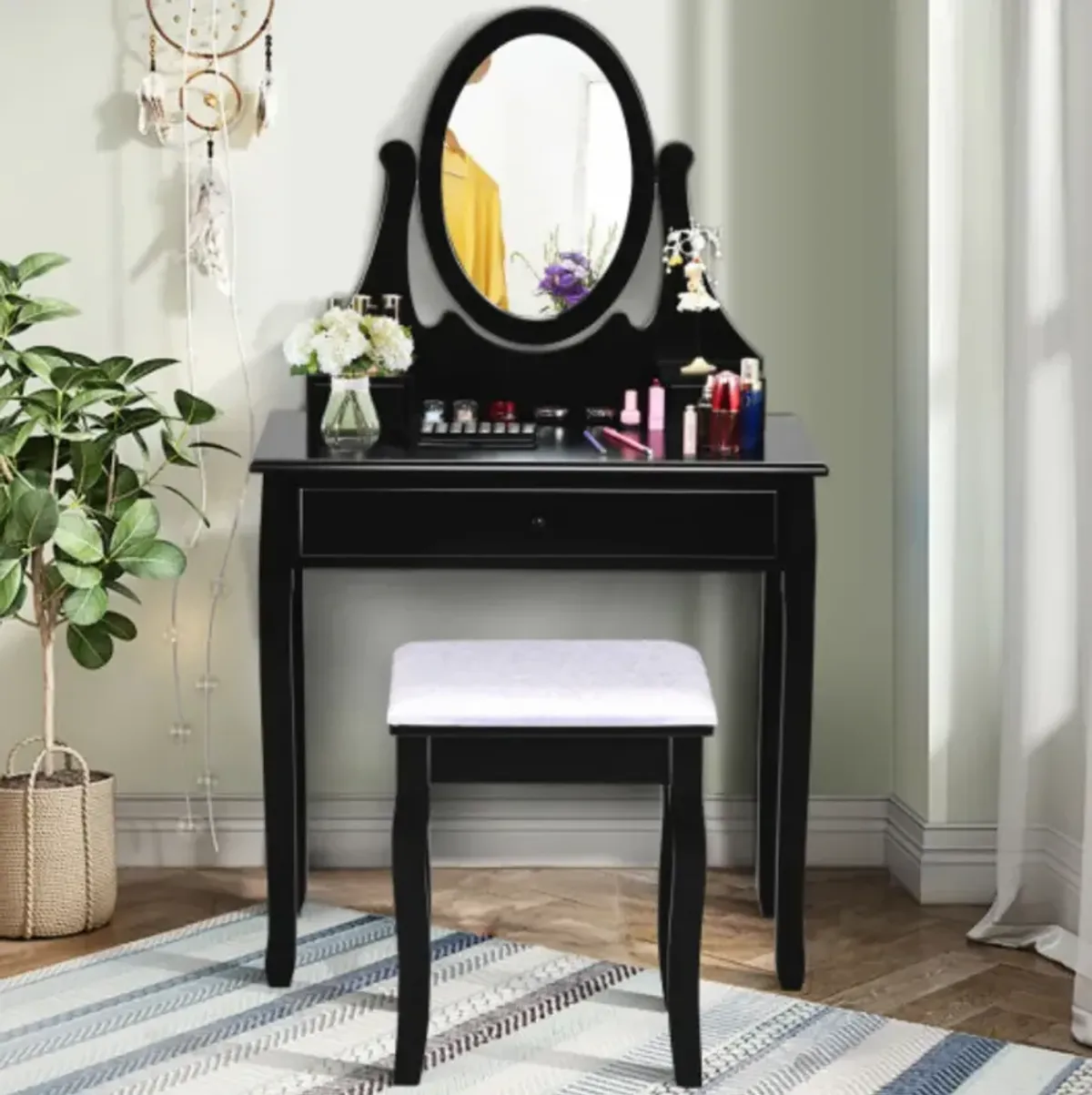 Bathroom Vanity Wooden Makeup Dressing Table Stool Set