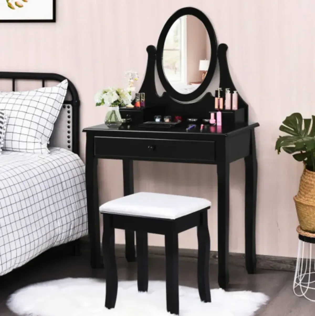 Bathroom Vanity Wooden Makeup Dressing Table Stool Set