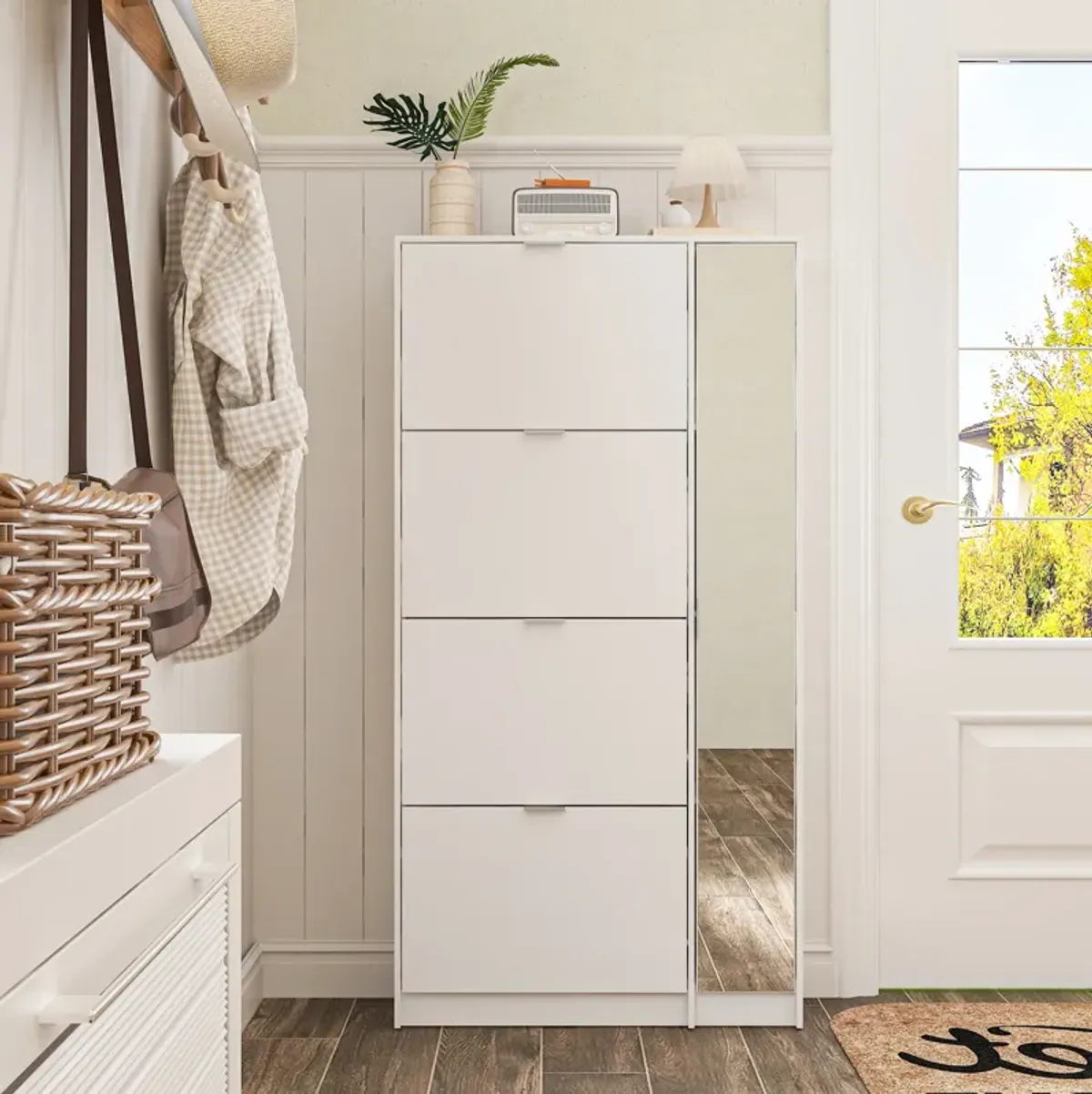 Modern Shoe Storage Cabinet with 4 Flip Drawers & Mirror, Wood 4-Tier Shoe Rack Storage Organizer with Shelves and Door for Entryway, Hallway & Bedroom, White (31.5”L x 9.4”W x 61.2”H)