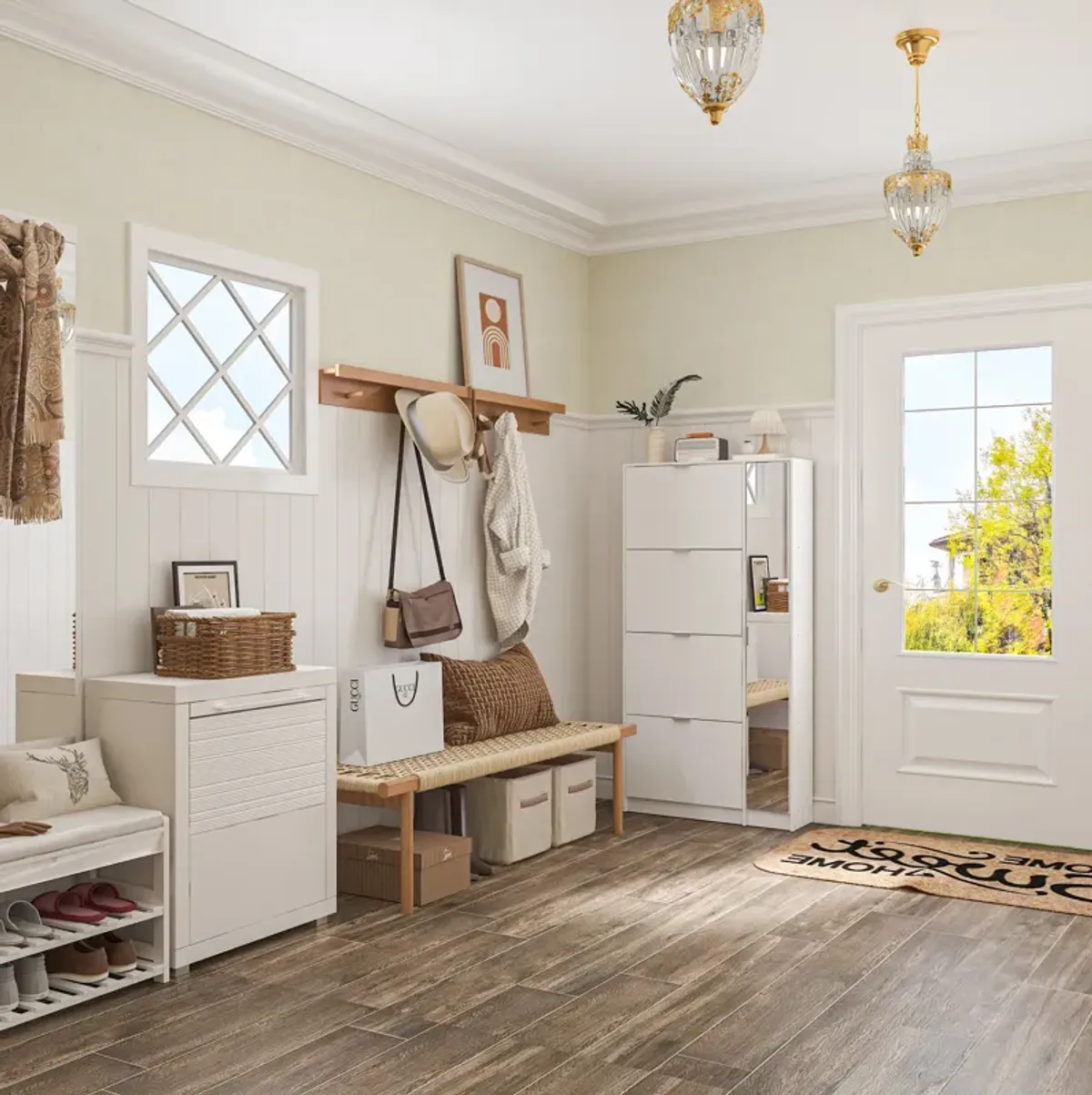 Modern Shoe Storage Cabinet with 4 Flip Drawers & Mirror, Wood 4-Tier Shoe Rack Storage Organizer with Shelves and Door for Entryway, Hallway & Bedroom, White (31.5”L x 9.4”W x 61.2”H)