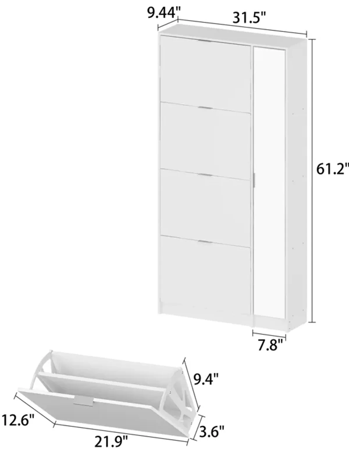 Modern Shoe Storage Cabinet with 4 Flip Drawers & Mirror, Wood 4-Tier Shoe Rack Storage Organizer with Shelves and Door for Entryway, Hallway & Bedroom, White (31.5”L x 9.4”W x 61.2”H)