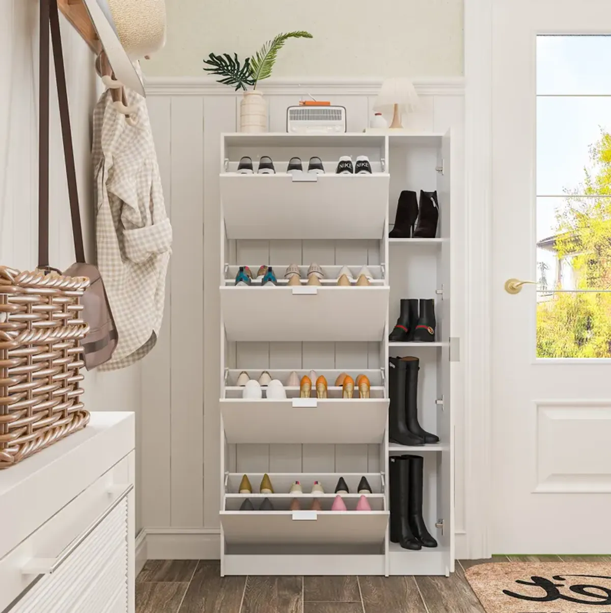 Modern Shoe Storage Cabinet with 4 Flip Drawers & Mirror, Wood 4-Tier Shoe Rack Storage Organizer with Shelves and Door for Entryway, Hallway & Bedroom, White (31.5”L x 9.4”W x 61.2”H)