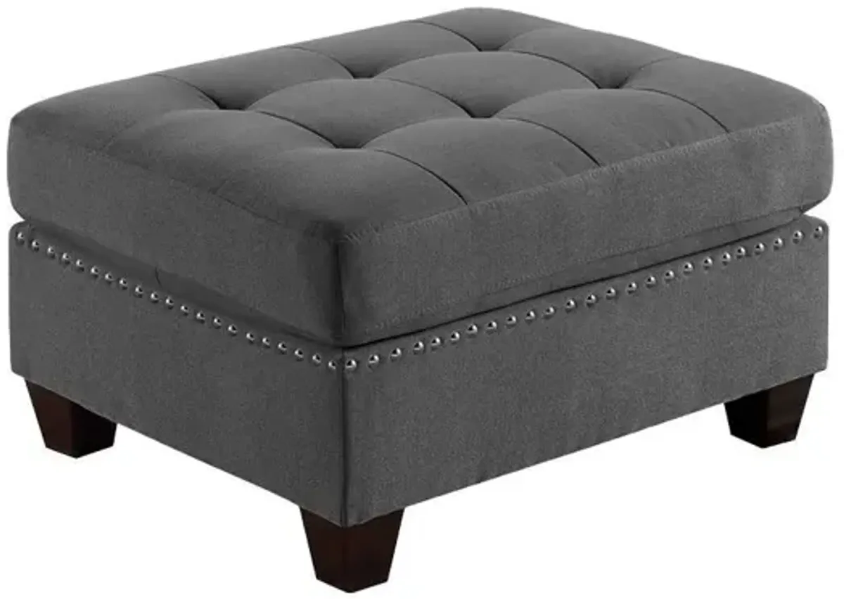 Grey Tufted Ottoman with Nailhead Trim and Wooden Legs