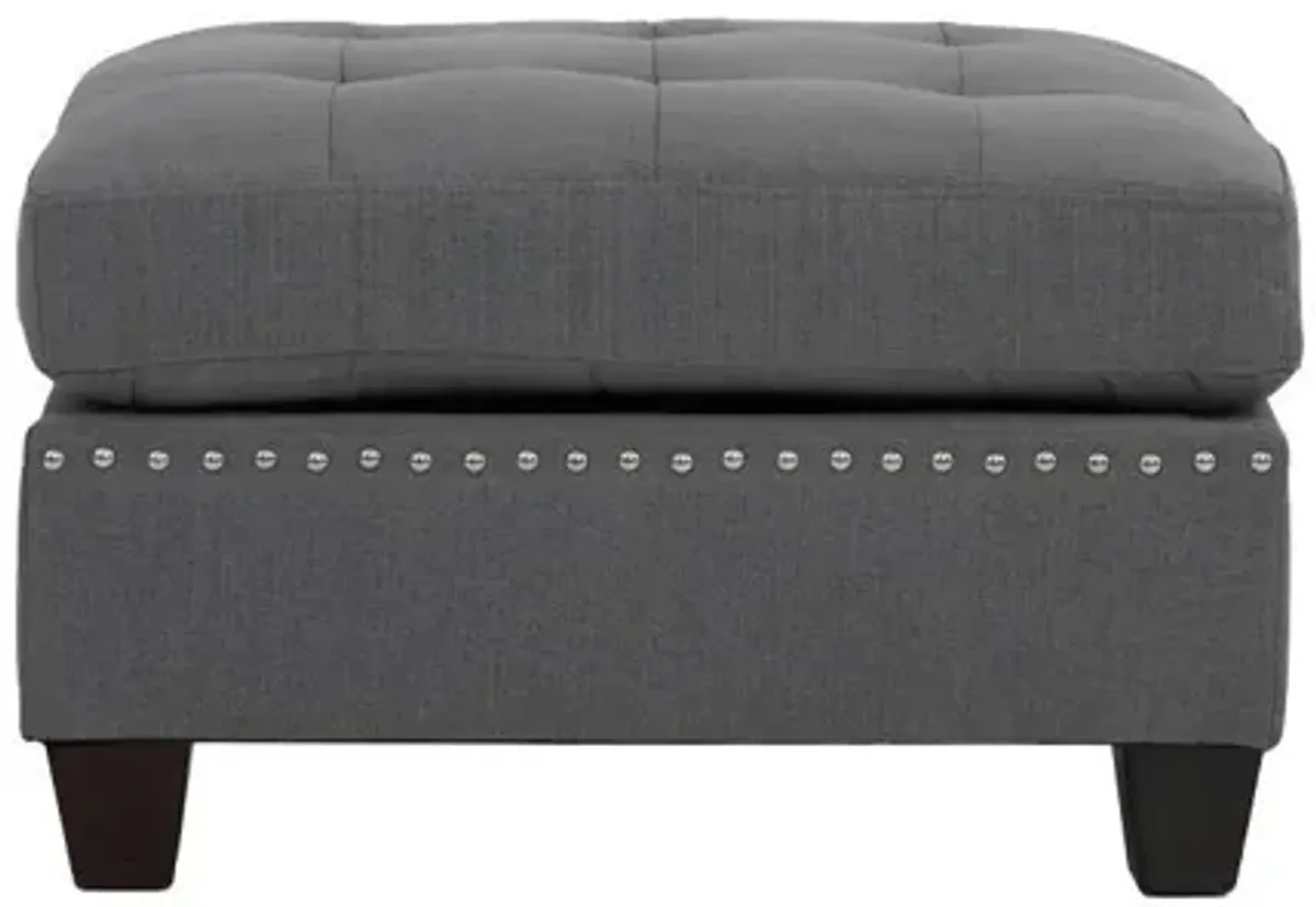 Grey Tufted Ottoman with Nailhead Trim and Wooden Legs