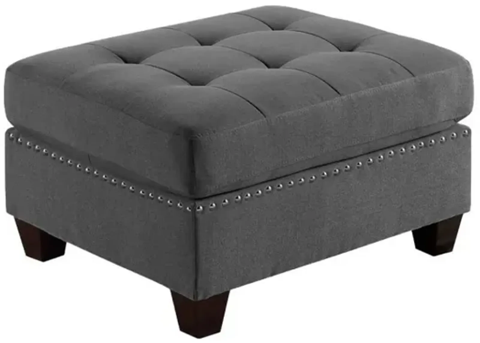 Grey Tufted Ottoman with Nailhead Trim and Wooden Legs