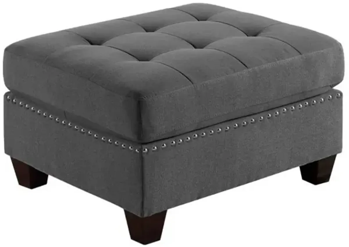 Grey Tufted Ottoman with Nailhead Trim and Wooden Legs