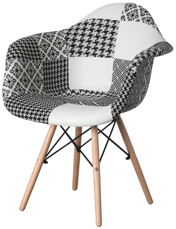 Mid-Century Modern Style Fabric Lined Armchair with Beech Wooden Legs, Black and White