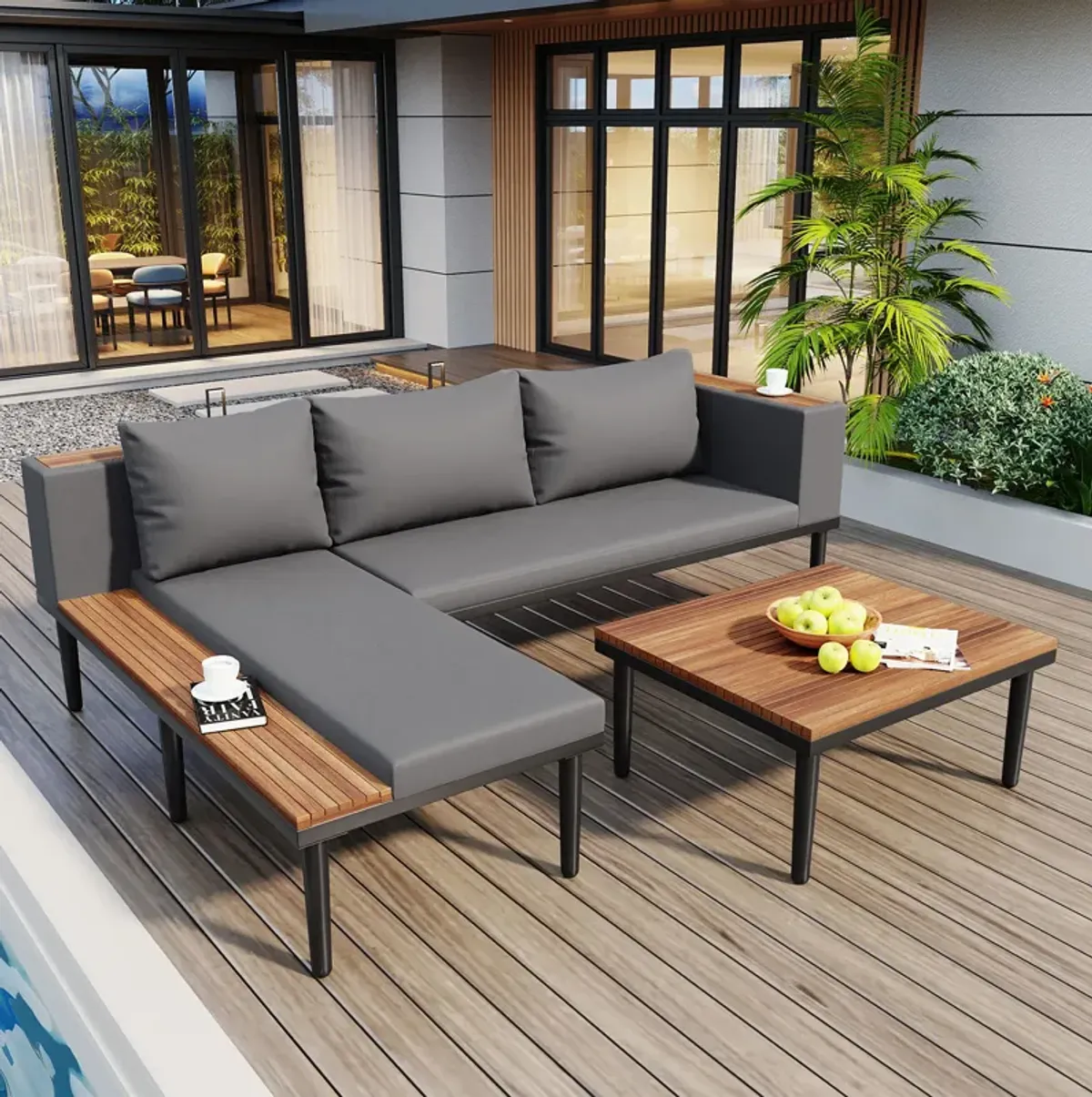 Luxury Patio Furniture Set with Removable Cushions and Coffee Table, L-Shaped Acacia Wood Sofa with Side table, Outdoor Conversation Sectional Sofa for Backyard, Porch