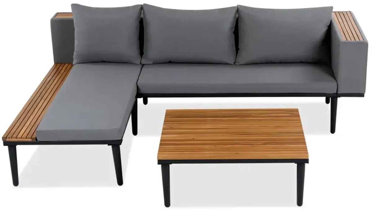 Luxury Patio Furniture Set with Removable Cushions and Coffee Table, L-Shaped Acacia Wood Sofa with Side table, Outdoor Conversation Sectional Sofa for Backyard, Porch