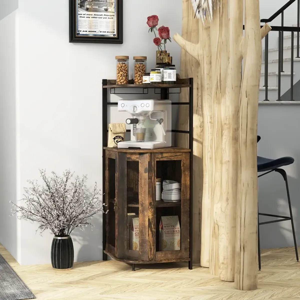 Industrial Corner Bar Cabinet with Glass Holder and Adjustable Shelf-Taupe