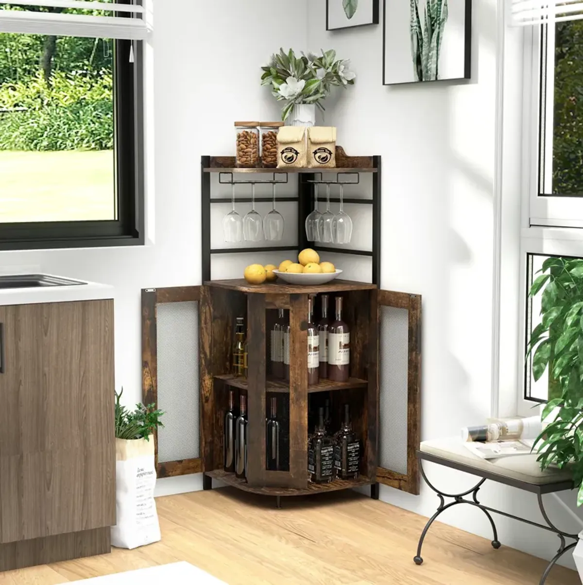 Industrial Corner Bar Cabinet with Glass Holder and Adjustable Shelf-Taupe