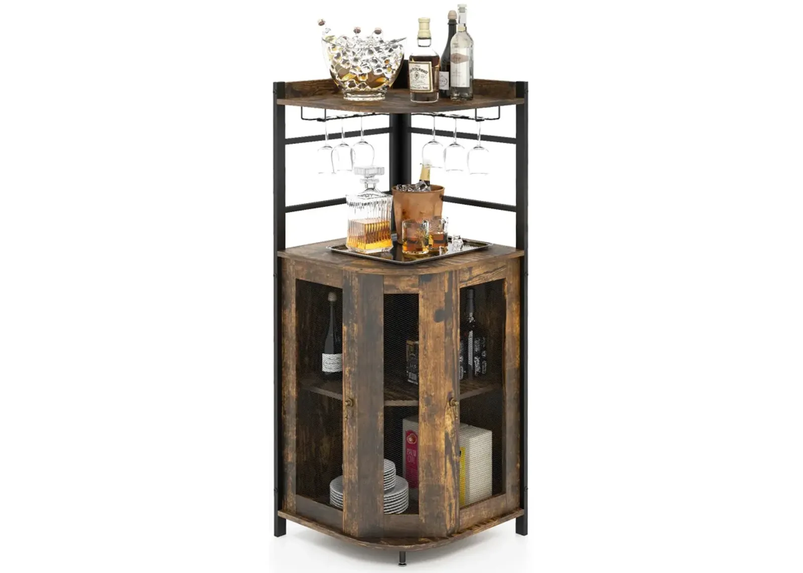 Industrial Corner Bar Cabinet with Glass Holder and Adjustable Shelf-Taupe