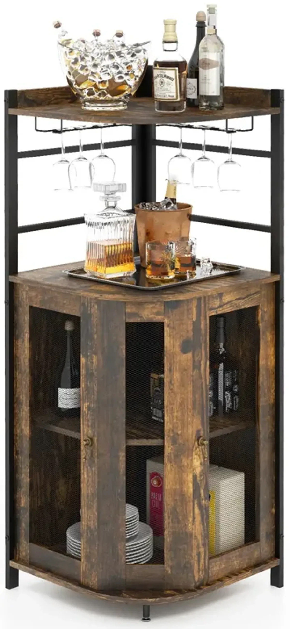 Industrial Corner Bar Cabinet with Glass Holder and Adjustable Shelf-Taupe