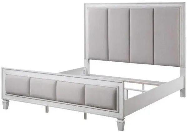 Kate Modern King Size Bed, ChannelTufted, Gray Fabric, White Wood Frame - Benzara