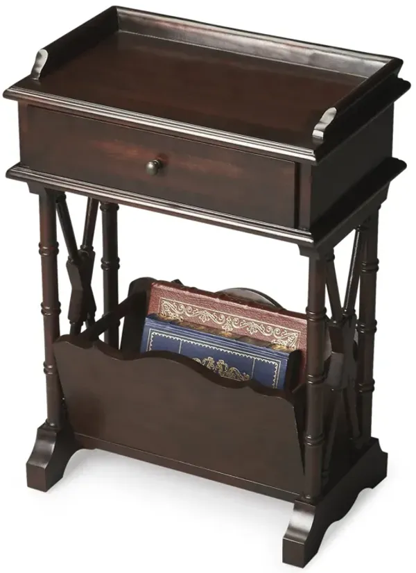 Wood End Table with Drawer, Shelf, and Side Magazine Holder for Living Room