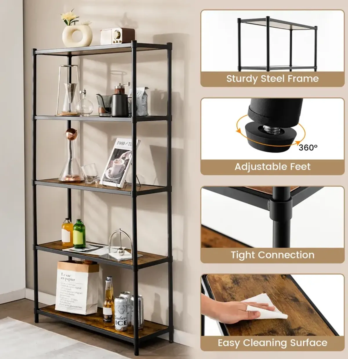 5 Tiers 61 Inch Multi-use Bookshelf with Metal Frame