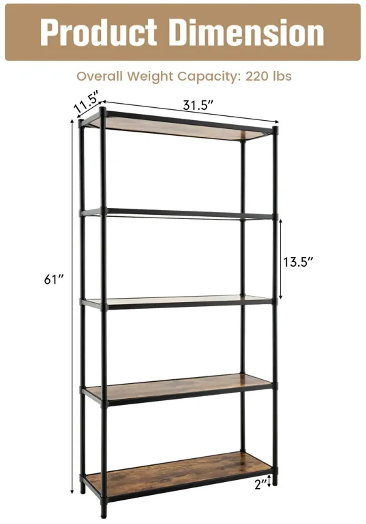 5 Tiers 61 Inch Multi-use Bookshelf with Metal Frame