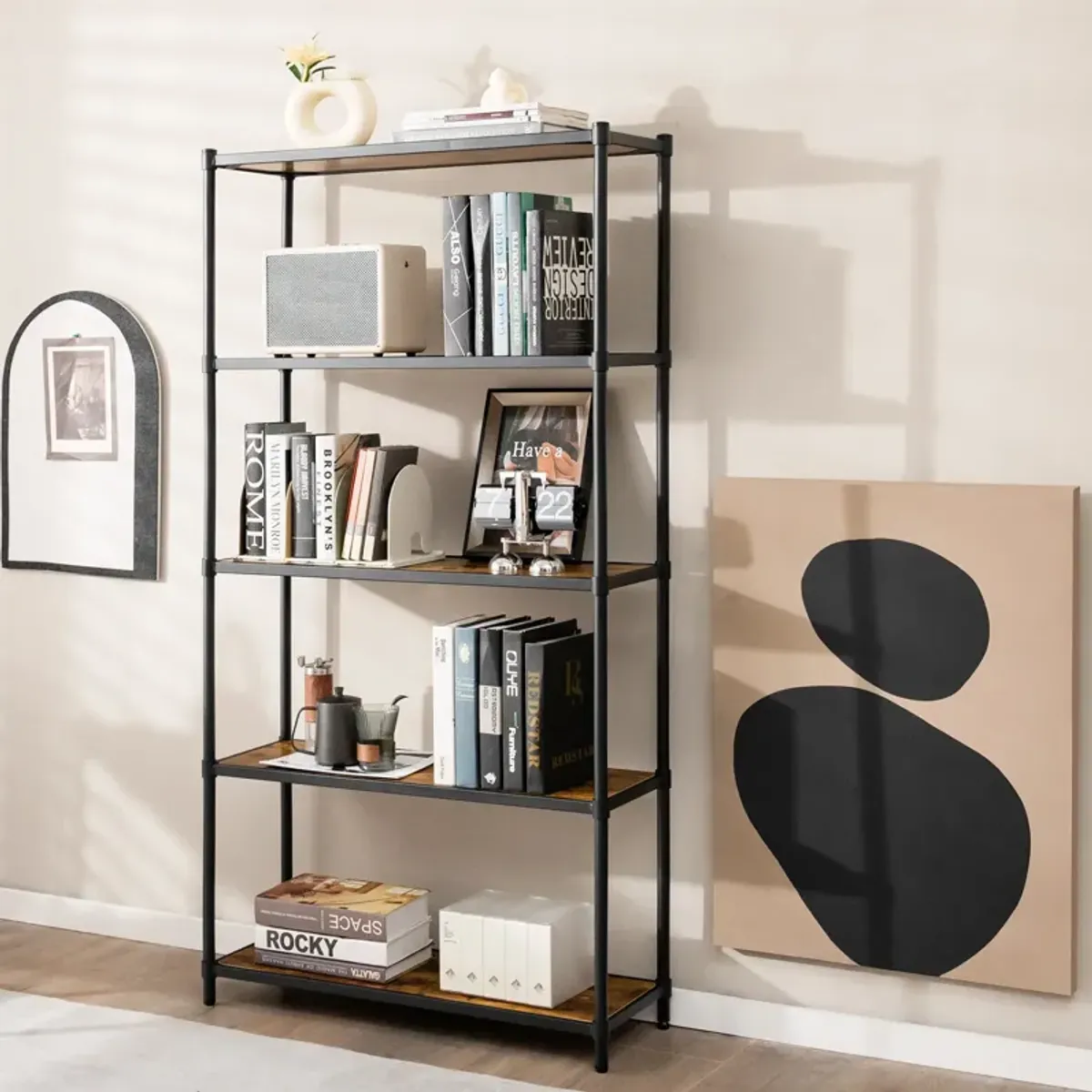 5 Tiers 61 Inch Multi-use Bookshelf with Metal Frame