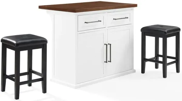 Bartlett Wood Top Kitchen Island W/Uph Square Stools