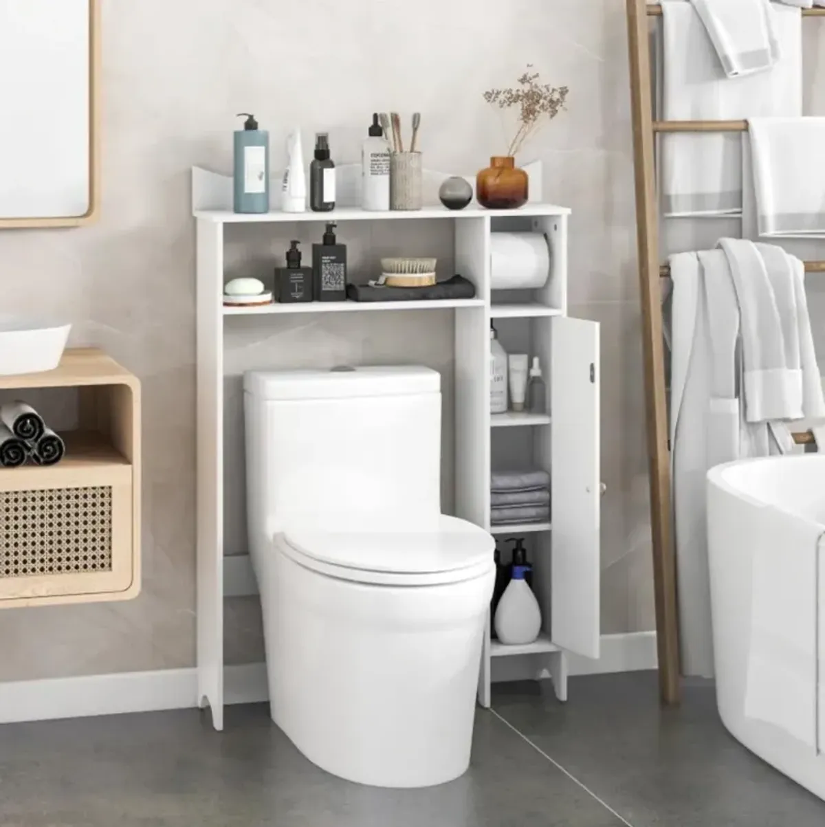 Hivvago Wood Over the Toilet Bathroom Space Saver with Paper Holder and Shelf-White