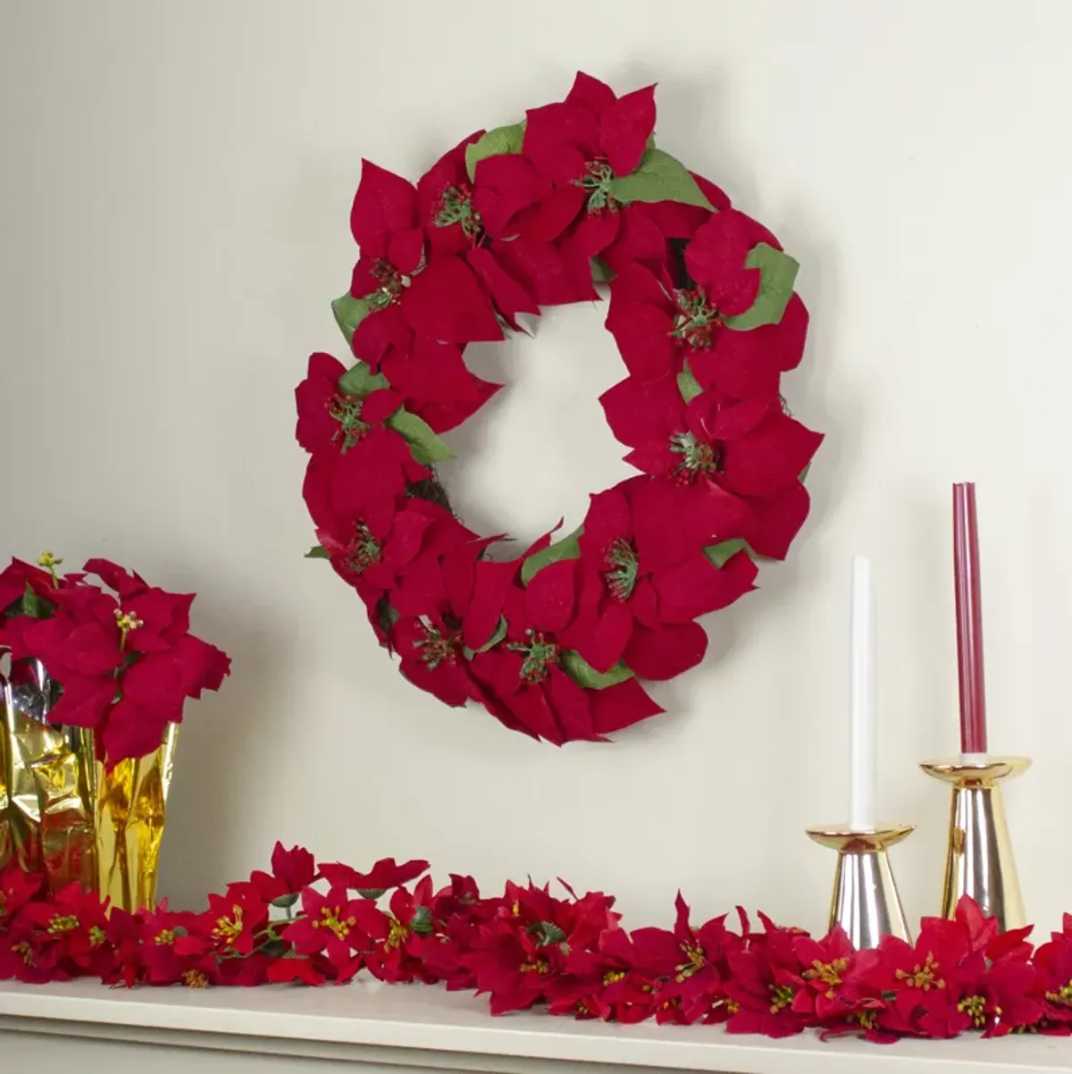 24" Red Artificial Poinsettia Flower Christmas Wreath - Unlit