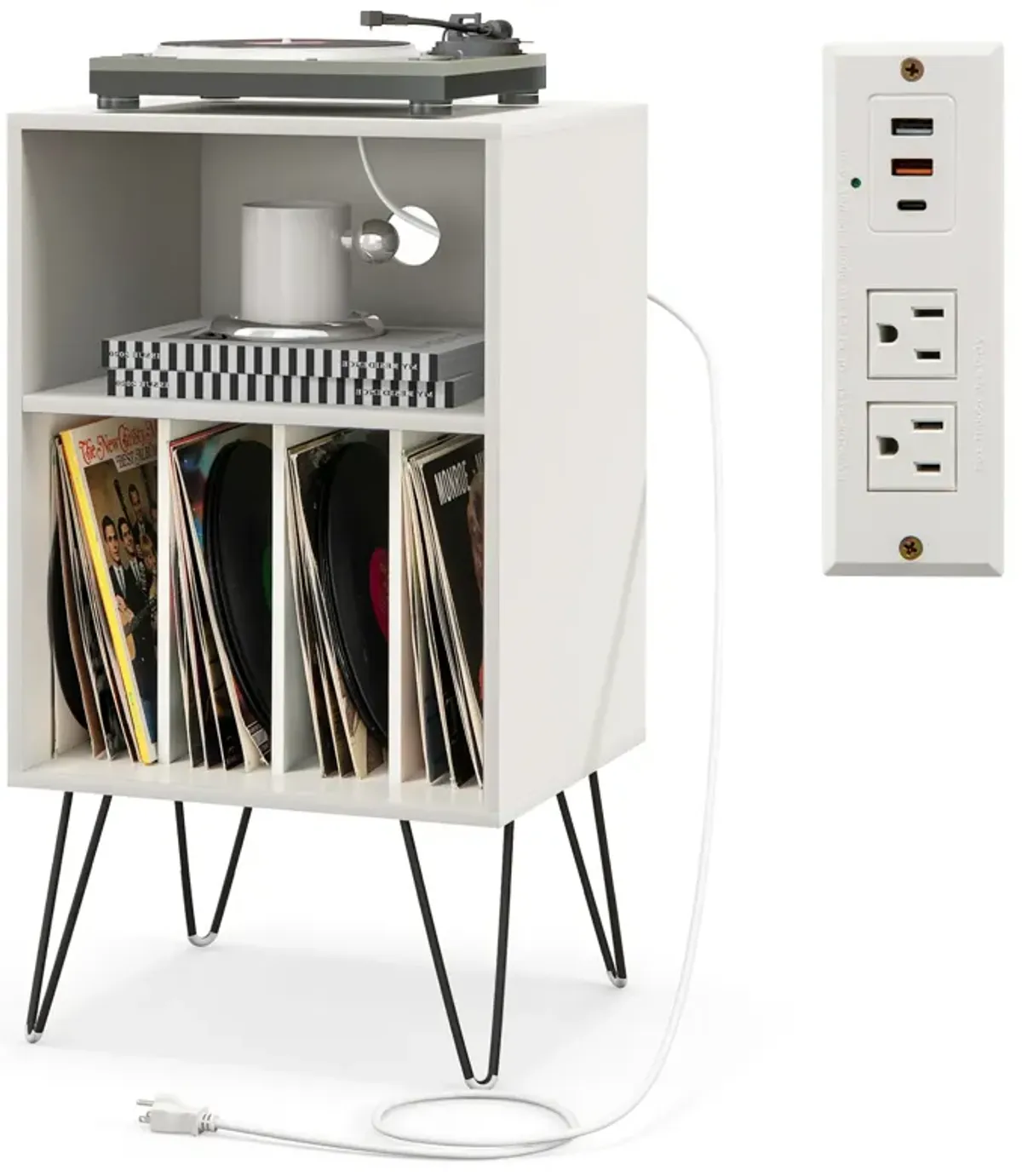 Record Player Stand with Charging Station for Living Room or Bedroom Storage and Decor