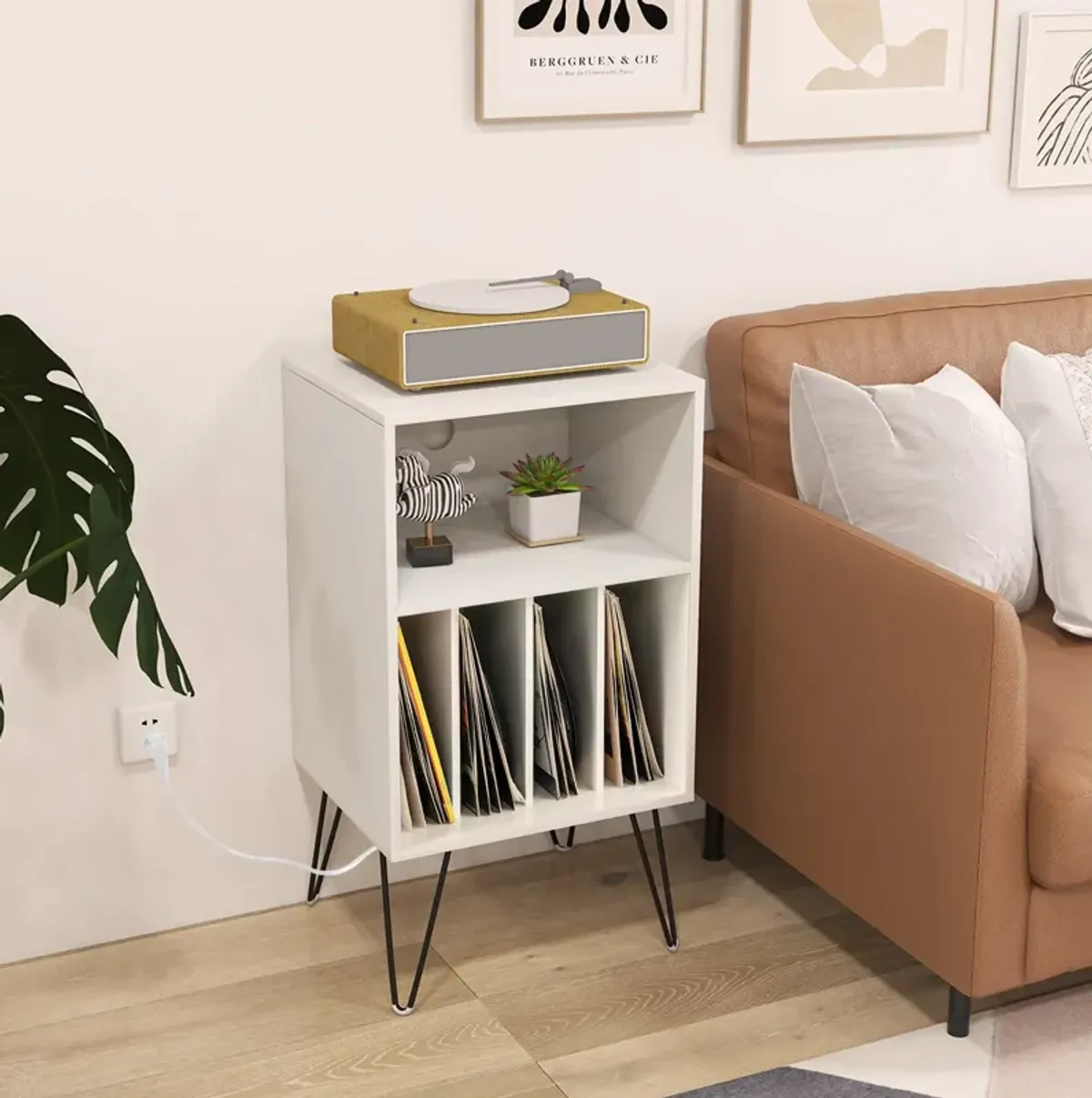 Record Player Stand with Charging Station for Living Room or Bedroom Storage and Decor