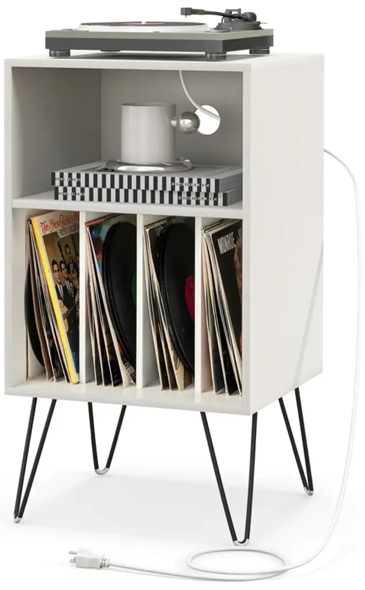 Record Player Stand with Charging Station for Living Room or Bedroom Storage and Decor