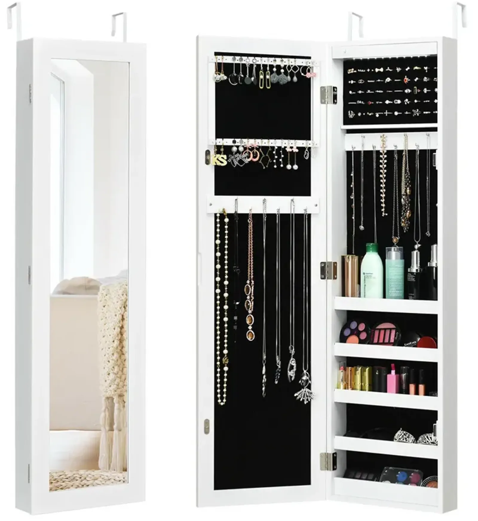 Wall And Door Mirrored Jewelry Cabinet With LED Light