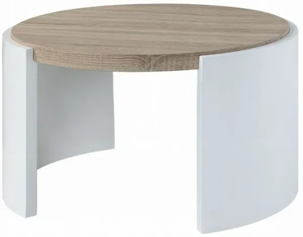 Romani Coffee Table, White High Gloss Wood, Brown Top, Round 33 Inch - Benzara