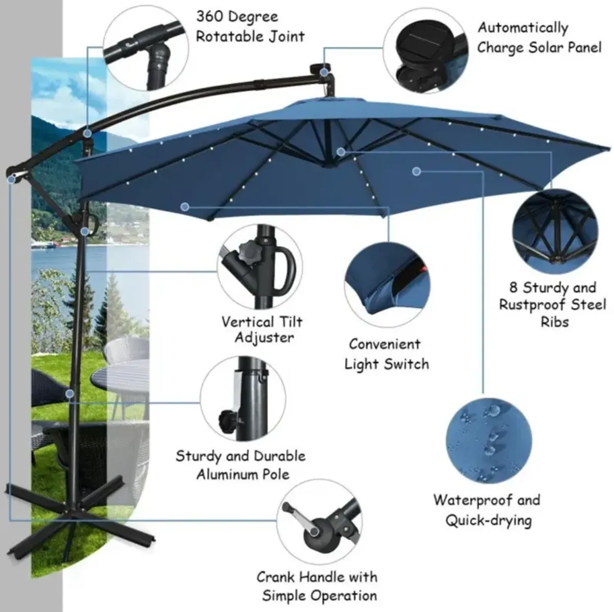 Hivvago 10 Feet 360° Rotation Solar Powered LED Patio Offset Umbrella without Weight Base