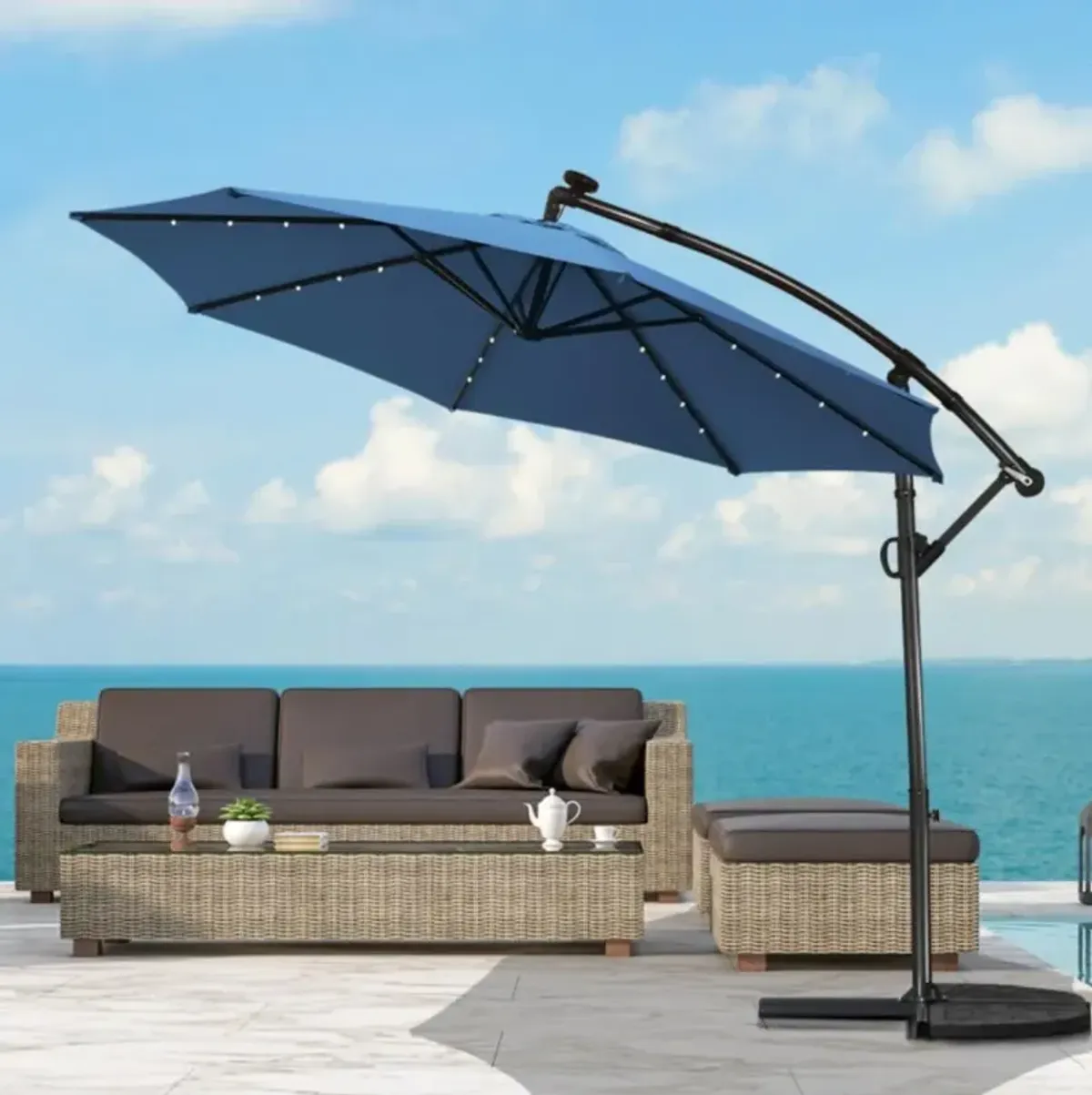 Hivvago 10 Feet 360° Rotation Solar Powered LED Patio Offset Umbrella without Weight Base