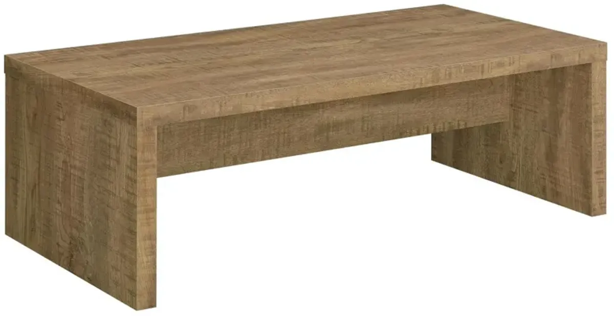 Benjara Nette 47 Inch Coffee Table with Rough Hewn Saw Marks, Wood, Natural Brown