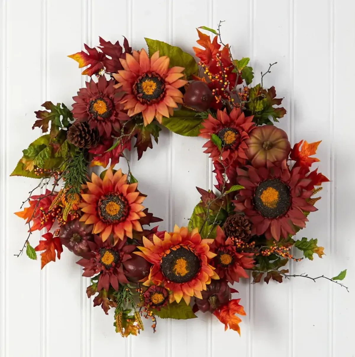 Hivvago 24" Autumn Sunflower, Pumpkin, Pinecone and Berries Fall Artificial Wreath