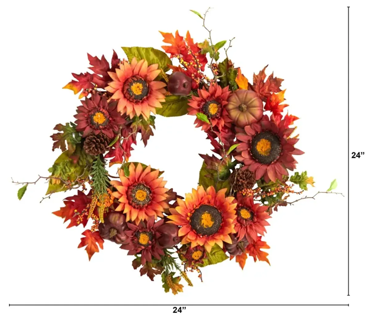 Hivvago 24" Autumn Sunflower, Pumpkin, Pinecone and Berries Fall Artificial Wreath