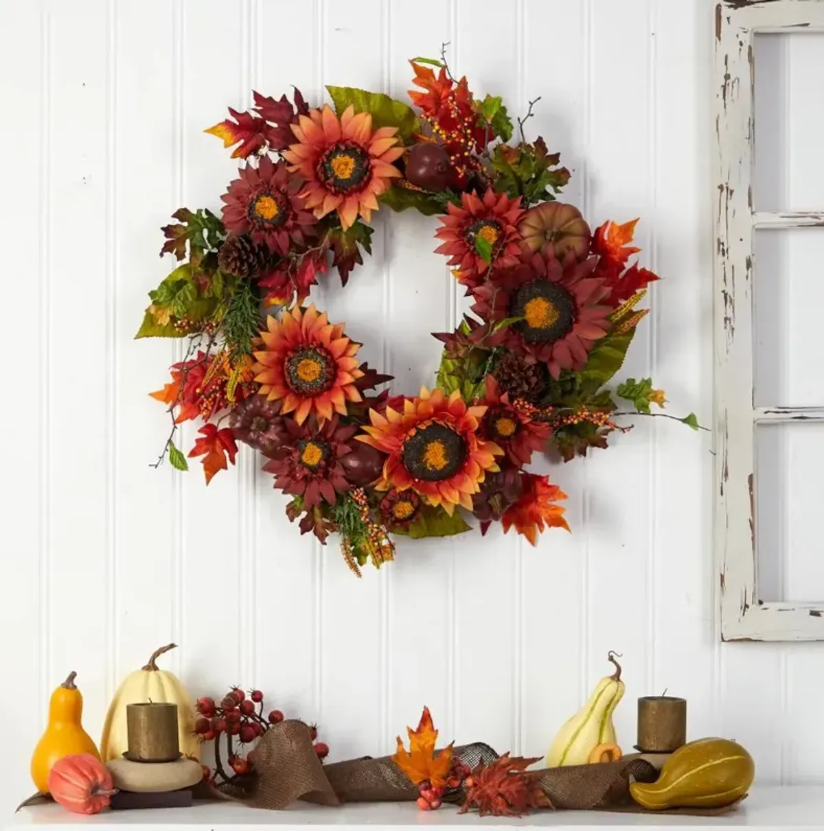 Hivvago 24" Autumn Sunflower, Pumpkin, Pinecone and Berries Fall Artificial Wreath
