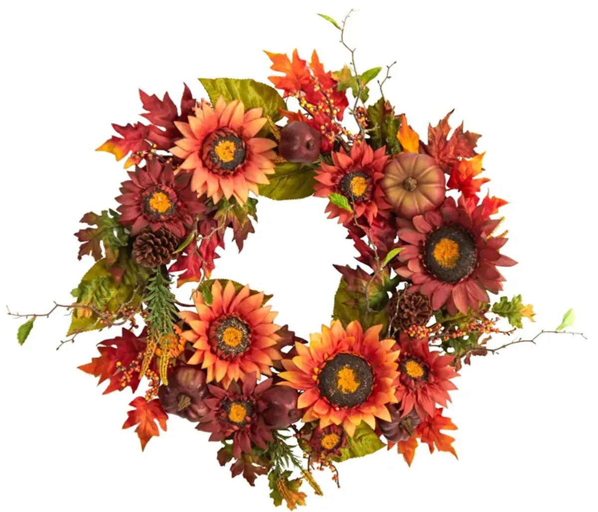 Hivvago 24" Autumn Sunflower, Pumpkin, Pinecone and Berries Fall Artificial Wreath