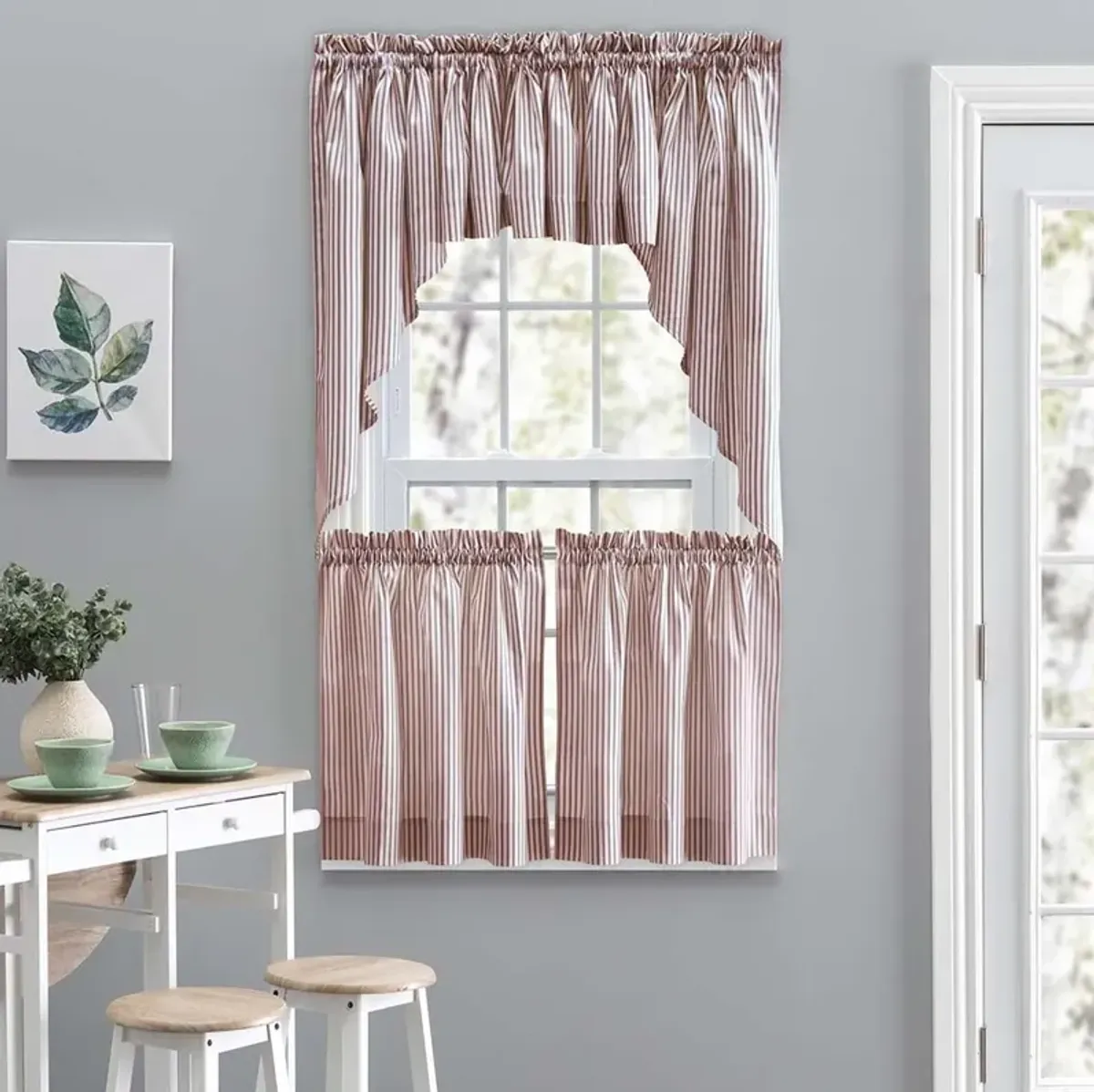 Ellis Curtain Plaza Classic Ticking Stripe Printed on 1.5" Rod Pocket Natural Ground Tailored Swag 56" x 36"