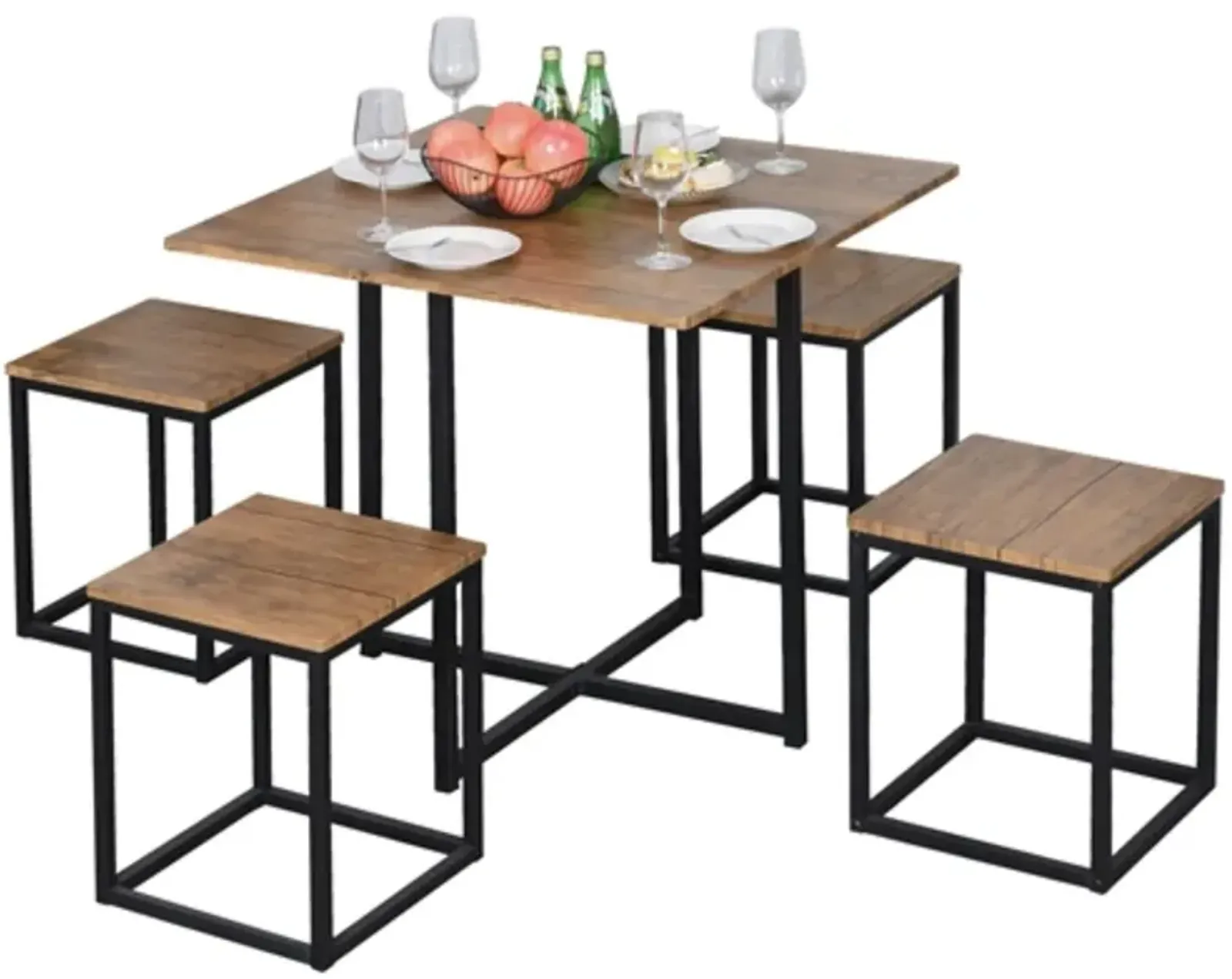 Farmhouse 5 Piece Square Walnut Wood Steel Kitchen Dining Set