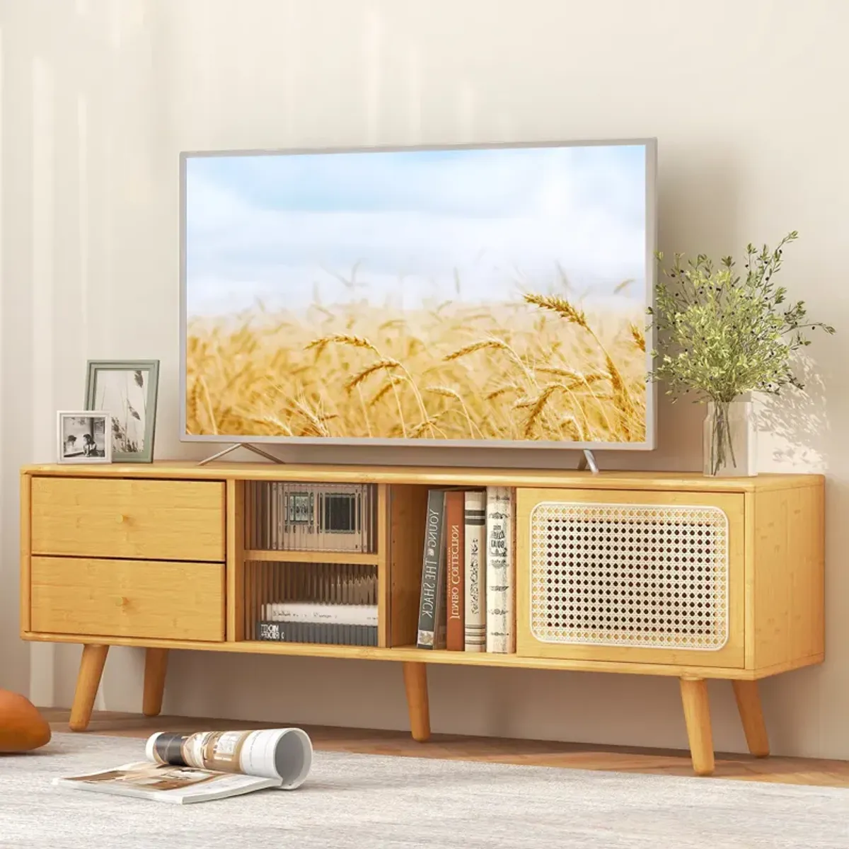 Bamboo TV Stand for TV up to 65 Inch-Natural