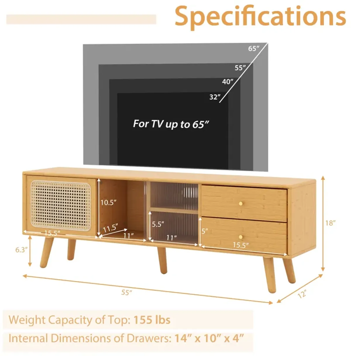 Bamboo TV Stand for TV up to 65 Inch-Natural