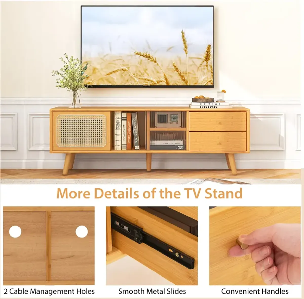 Bamboo TV Stand for TV up to 65 Inch-Natural