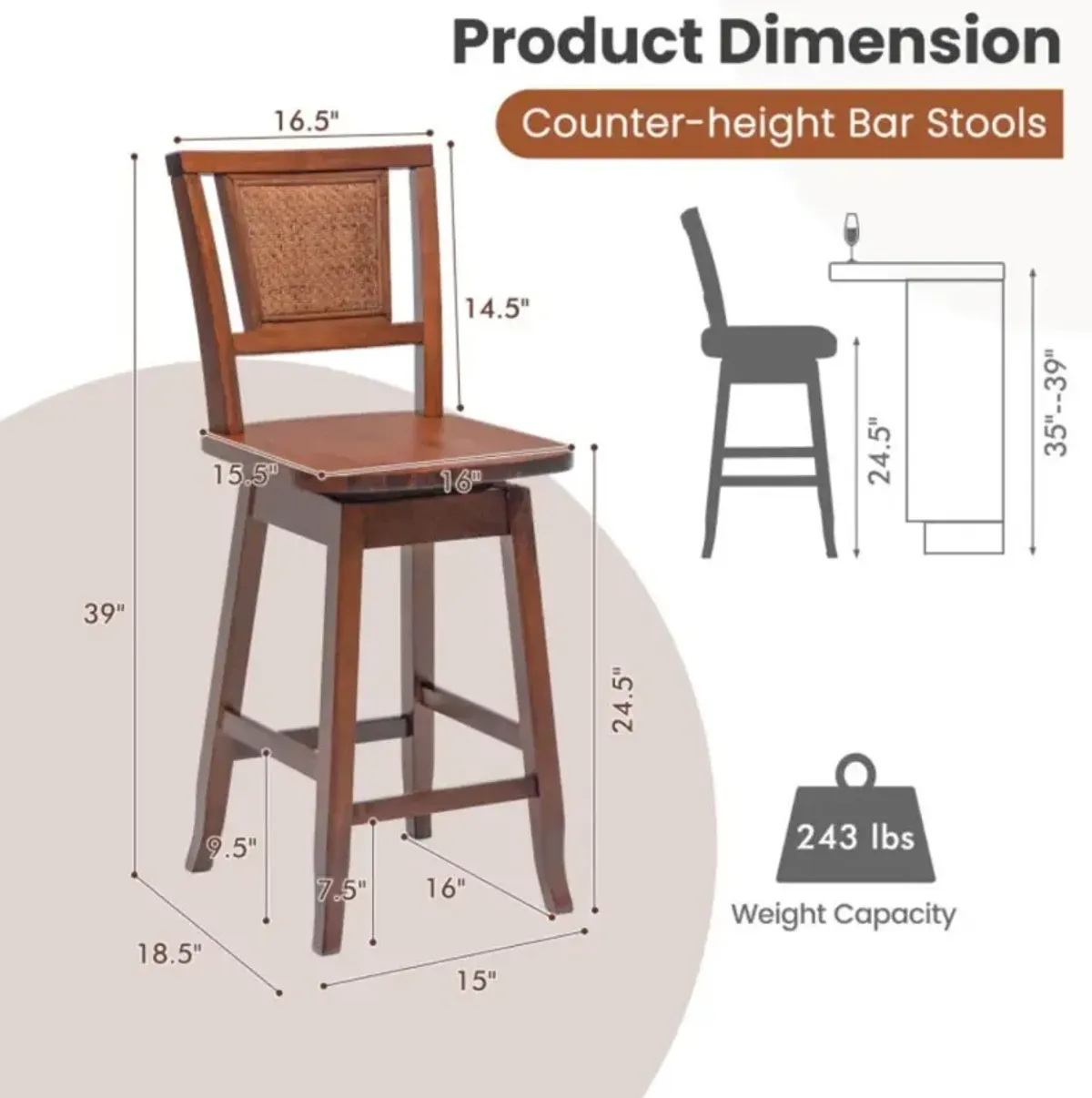 Hivvago 2 Pieces 24.5 Inch Bar Stools with Rattan Back and Swivel Seat