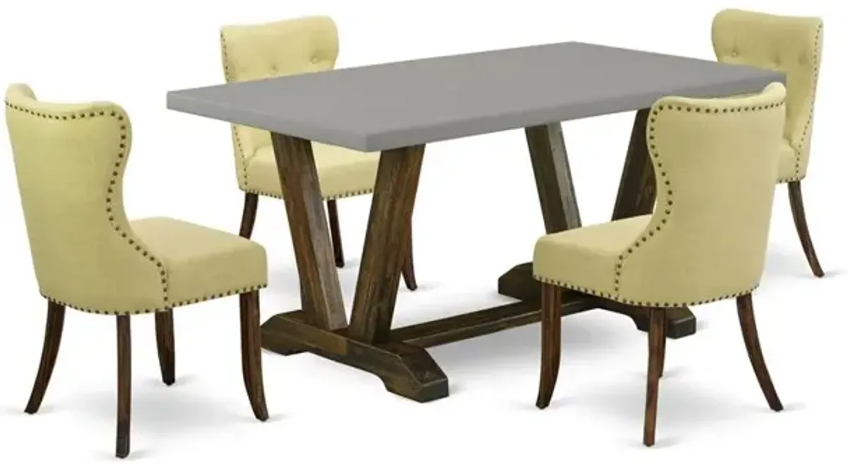 East West Furniture 5-Pc Dinette Set-Limelight Linen Fabric Seat and Button Tufted Back Kitchen Parson Chairs and Rectangular Top Dining Table with Hardwood Legs - Cement and Distressed Jacobean Finis