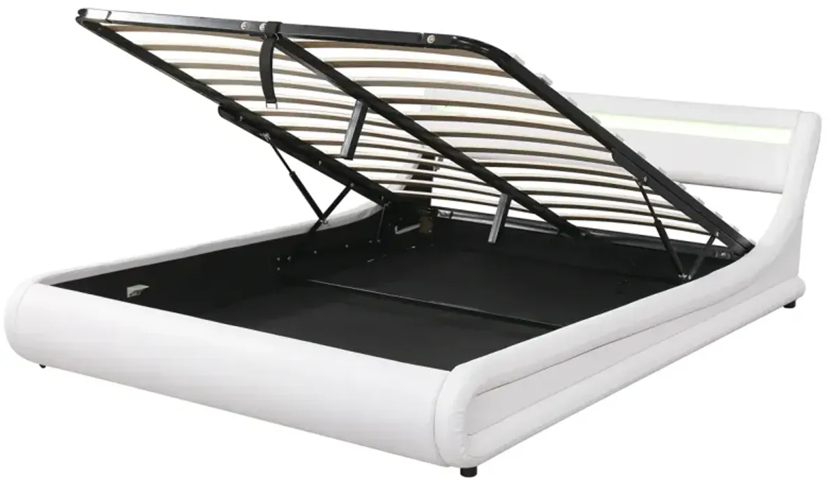 Upholstered PU Leather Platform Bed With A Hydraulic Storage System With LED Light Headboard