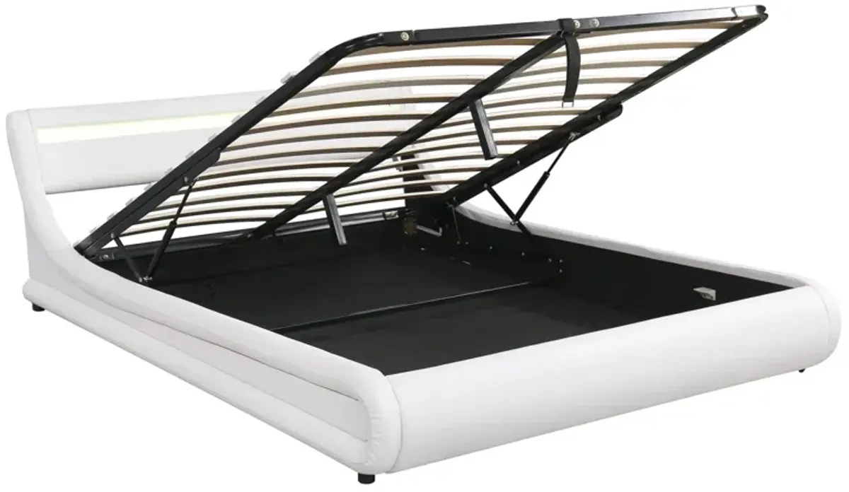 Upholstered PU Leather Platform Bed With A Hydraulic Storage System With LED Light Headboard